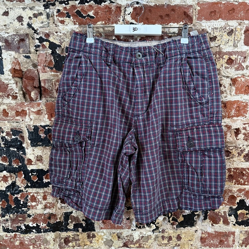American Eagle Purple Blue Plaid Cargo Shorts Classic Length y2k Mens 30